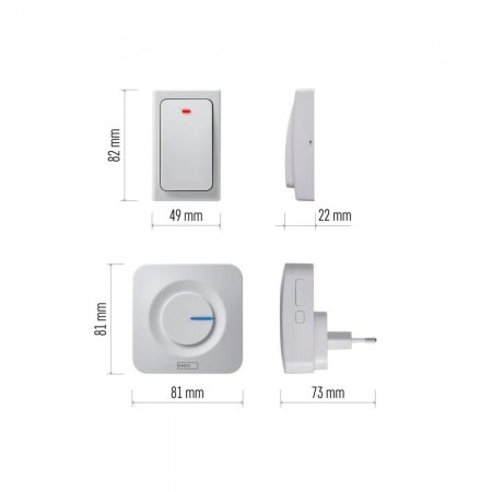 Campanello Senza Fili Bianco Quadrato | Pulsante Senza Batterie, 36 Melodie, 180mt | EMOS P5729