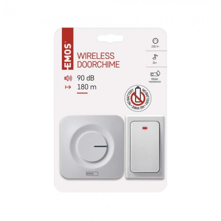 Campanello Senza Fili Bianco Quadrato | Pulsante Senza Batterie, 36 Melodie, 180mt | EMOS P5729