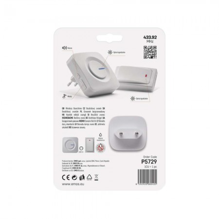 Campanello Senza Fili Bianco Quadrato | Pulsante Senza Batterie, 36 Melodie, 180mt | EMOS P5729
