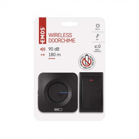 Campanello Senza Fili Nero | Pulsante Senza Batterie, 36 Melodie, 180mt | EMOS P5729B