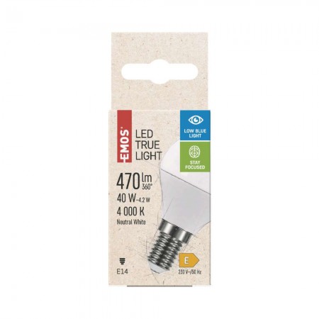 Lampadina LED E14 4.2W (40W) 4000K sfera filtro luce blu True Light ZQ1226