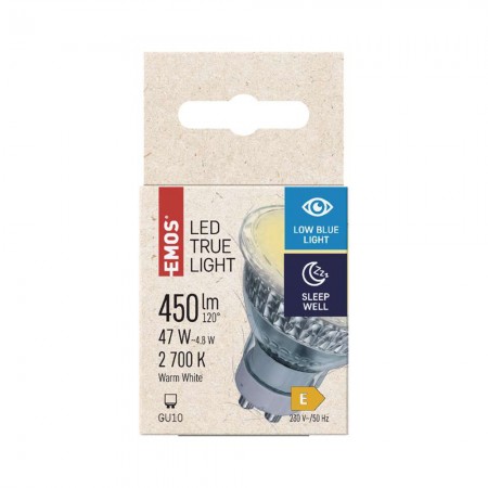 lampadina LED GU10 4.8W (47W) 2700K filtro luce blu True Light ZQ8355