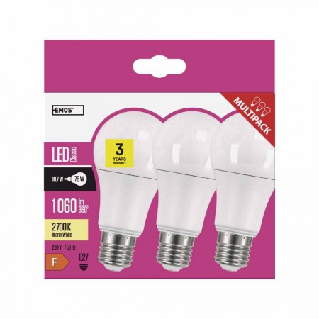 Pack 3 Lampadine LED 10.5W (75W) 2700k: Risparmio e Luminosità | Emos ZQ5150.3