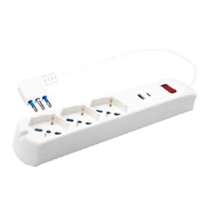 Multipresa Bianca 3 Posti Universali, 2 USB A+C, Protezione Sovratensioni, Cavo 1,5m | Ecova 30236