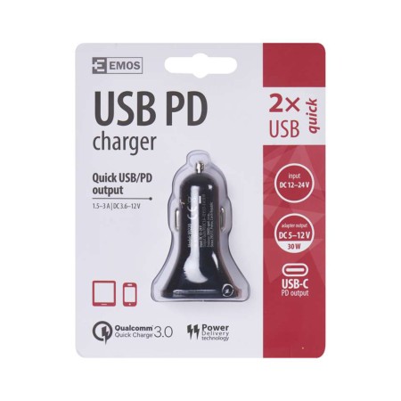 Caricabatterie da Auto per Presa Accendisigari 30W con Porta USB-C PD e USB-A QC 3.0 | EMOS V0220