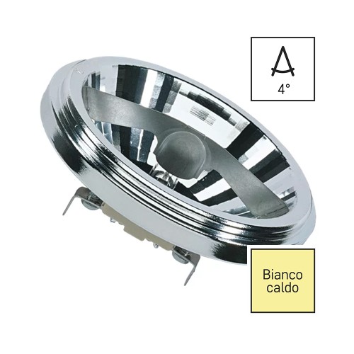 Lampadina Alogena AR111 G53 50W, CRI 100, fascio di 4°. Ideale per gallerie e musei.