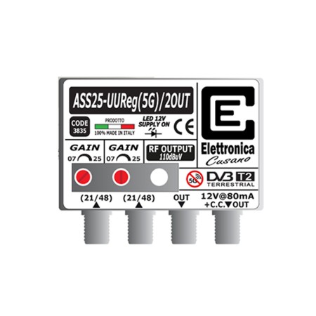 Amplificatore TV 25dB Regolabili 2 Uscite con Filtro Lte 5G | Elettronica Cusano ASS25-UUREG-2OUT