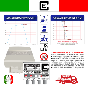 Amplificatore TV 30dB con filtro Lte 5G, 2 uscite, Elettronica Cusano ASS30-UUREG-2OUT. 2