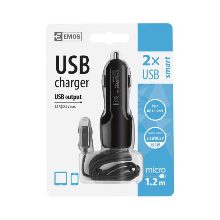 Caricabatterie da Auto per Presa Accendisigari 15W con Porta USB-A e Prolunga Micro USB | EMOS V0217