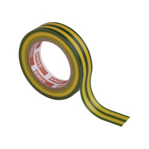Nastro isolante PVC giallo-verde 15mm x 10m, spessore 0.13mm, autoestinguente e certificato CEI EN 60454.